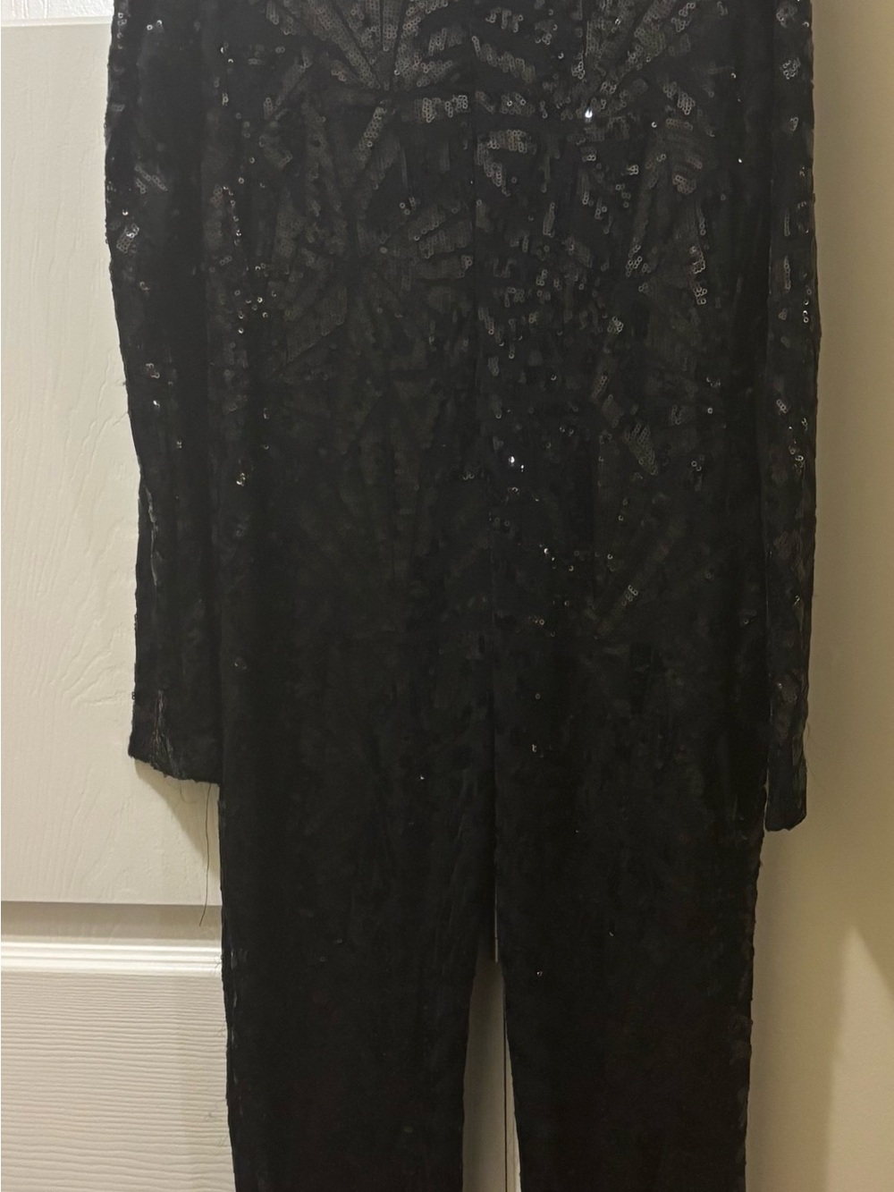 Black Sequin Jumpsuit Long Sleeve Geometric Mesh Catsuit Bodysuit Party Club - Picture 4 of 6